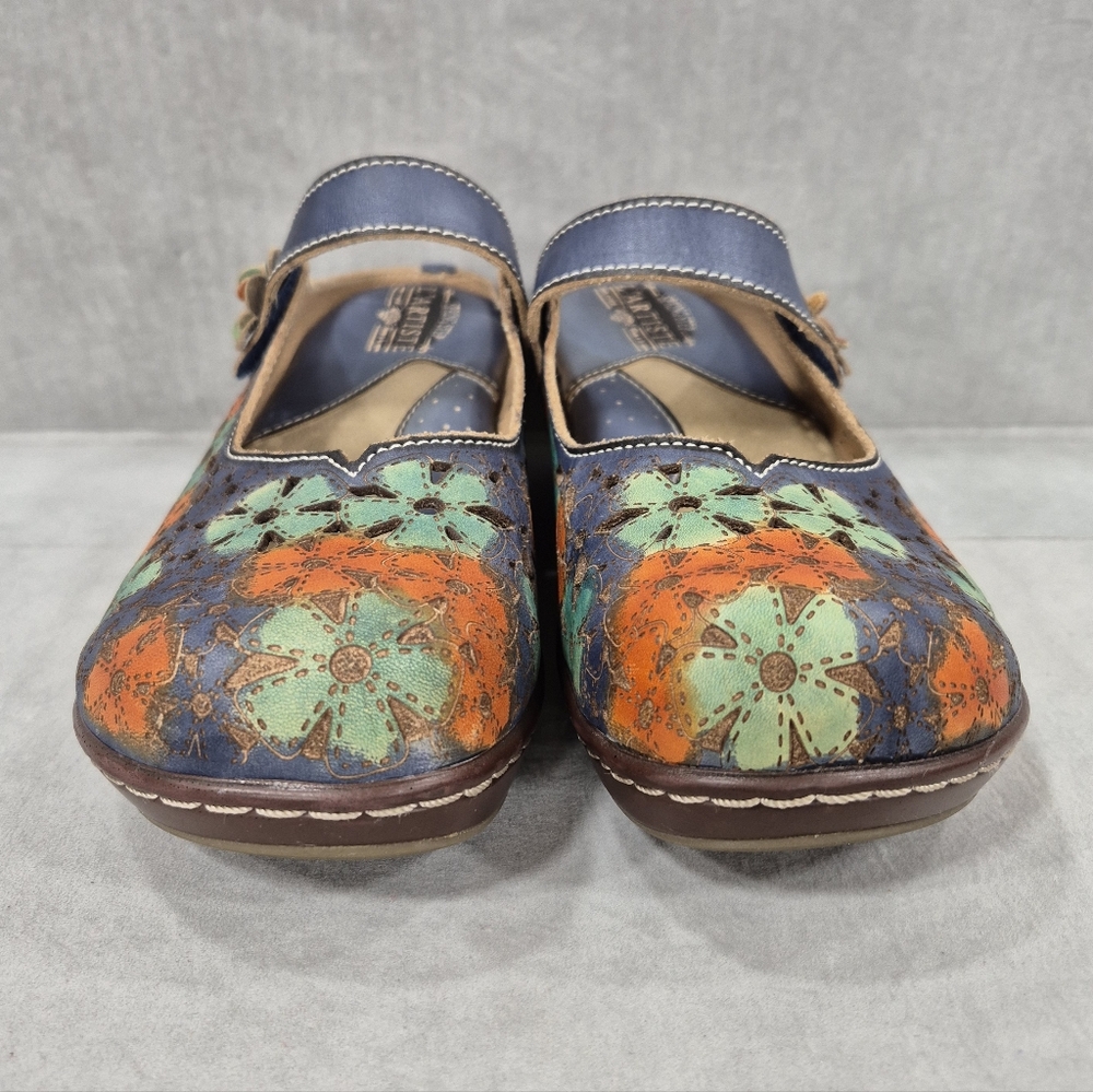 Spring Step Blue Multi Floral Leather Mary Jane Clog Mules - Picture 4 of 14